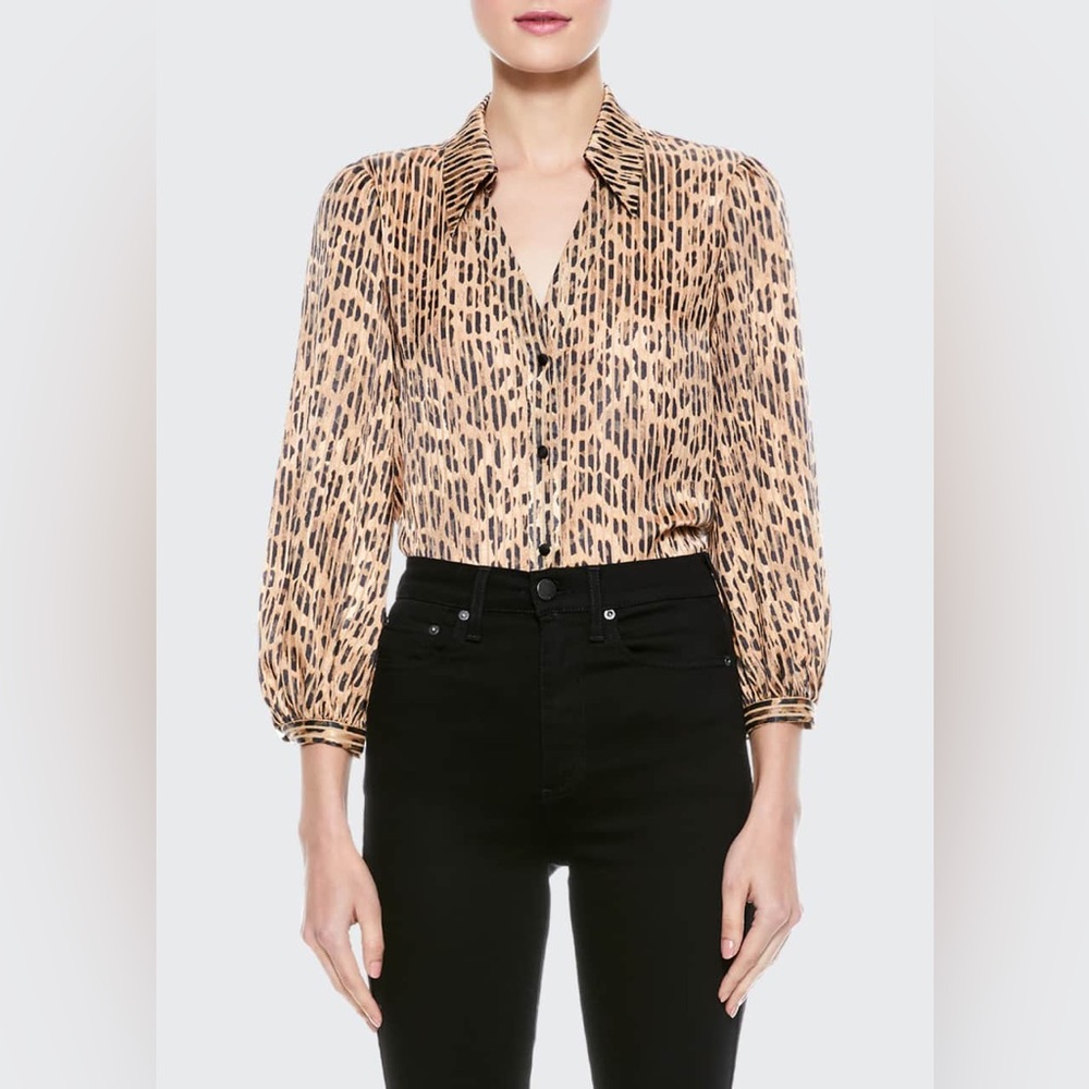 Alice + Olivia Sheila Blouson-Sleeve Button-Up Top in Spotted Leopard